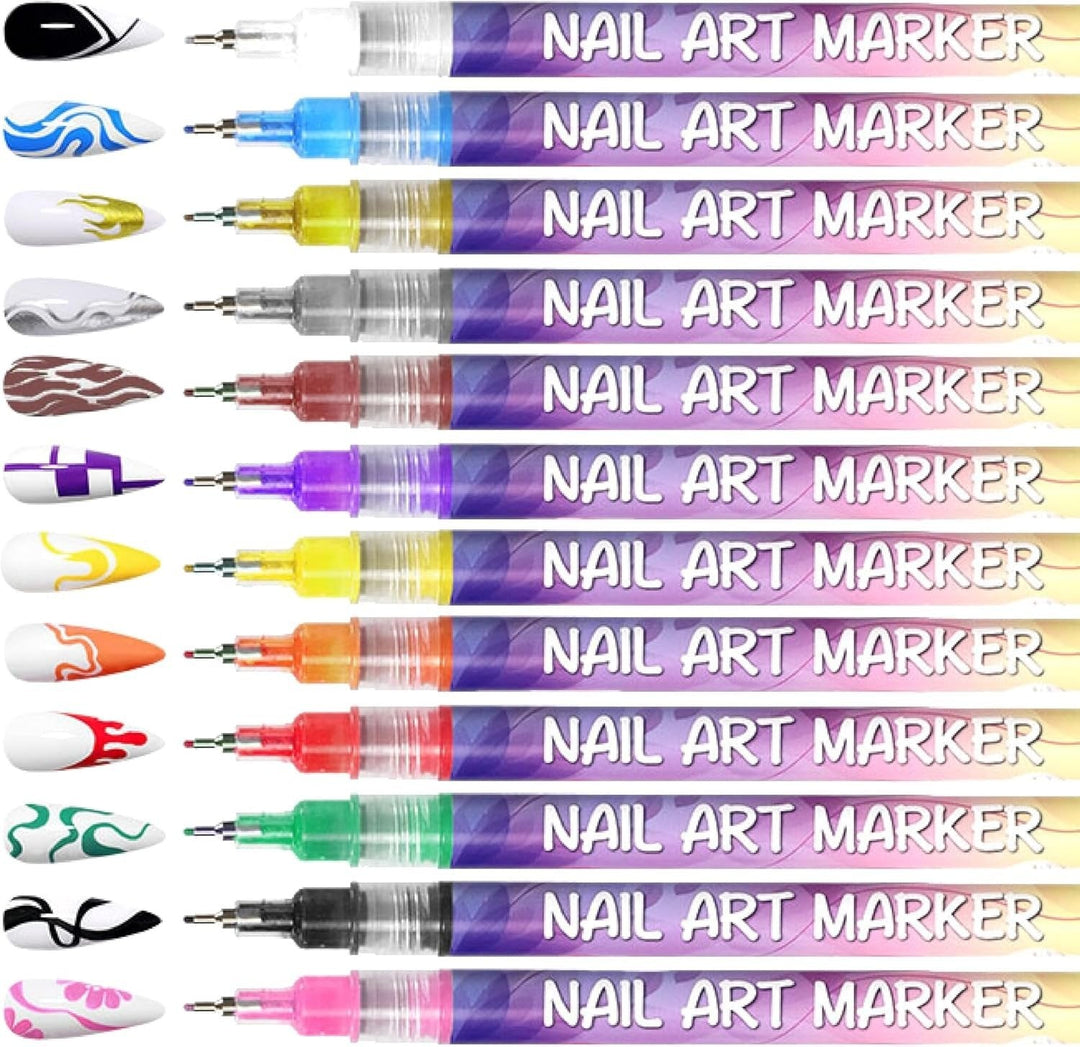 Set of 12 colourful water-based nail art pens with fine tips and storage box