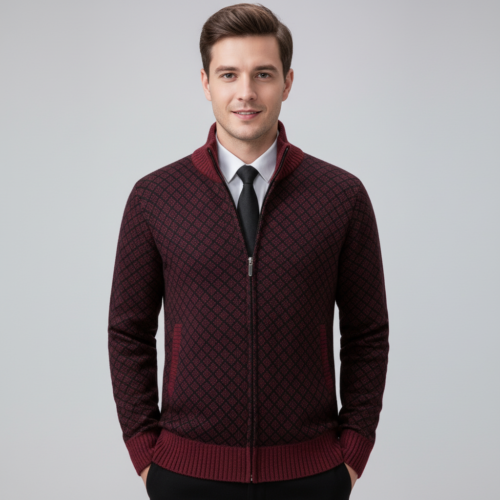 Long sleeve zip cardigan with diamond pattern and stand collar