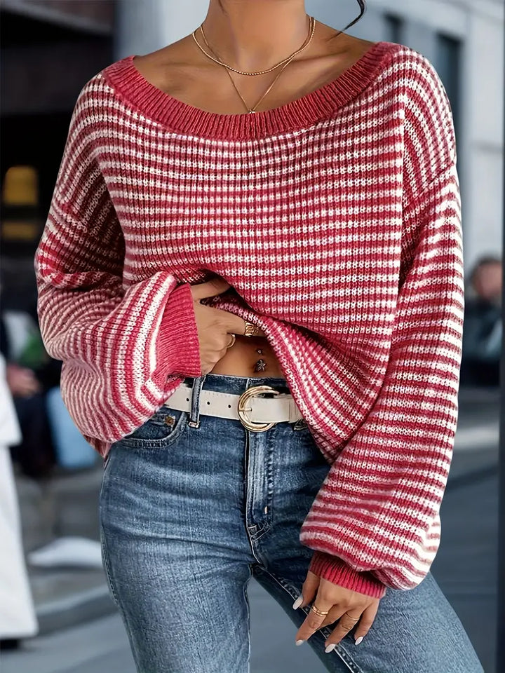 Women's striped knit sweater with crew neckline and long sleeves