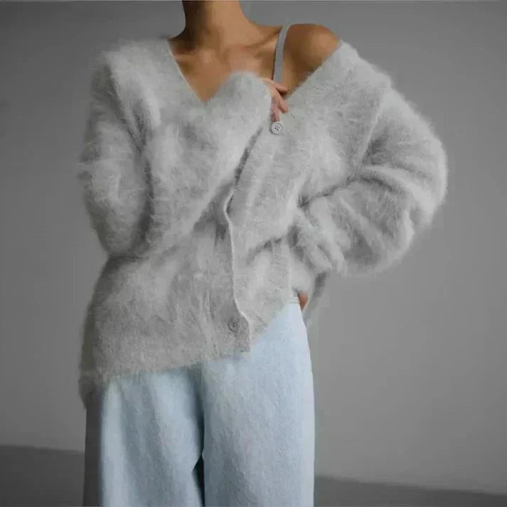 Women's fuzzy knit V-neck cardigan with button front and long sleeves