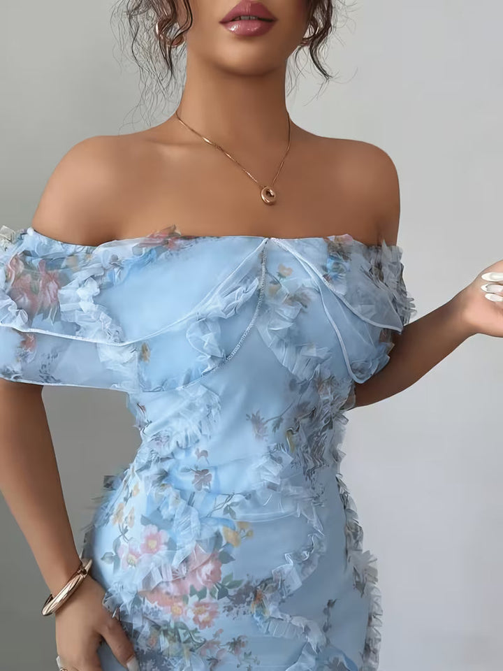 Women's off-shoulder maxi dress with short ruffled sleeves and floral embroidery