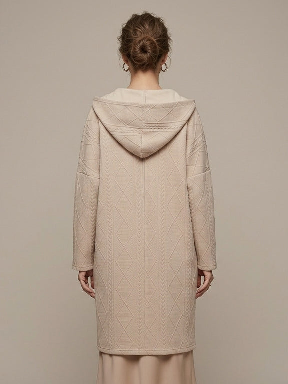 Women's hooded textured longline cardigan with open front and front pockets