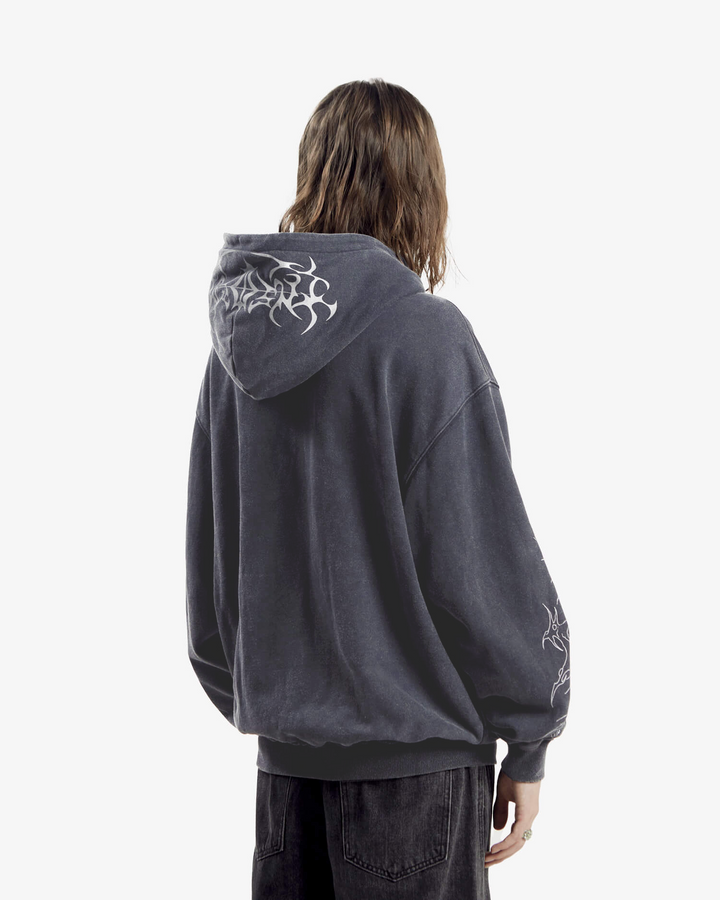 Unisex black graphic zip-up hoodie with cathedral print