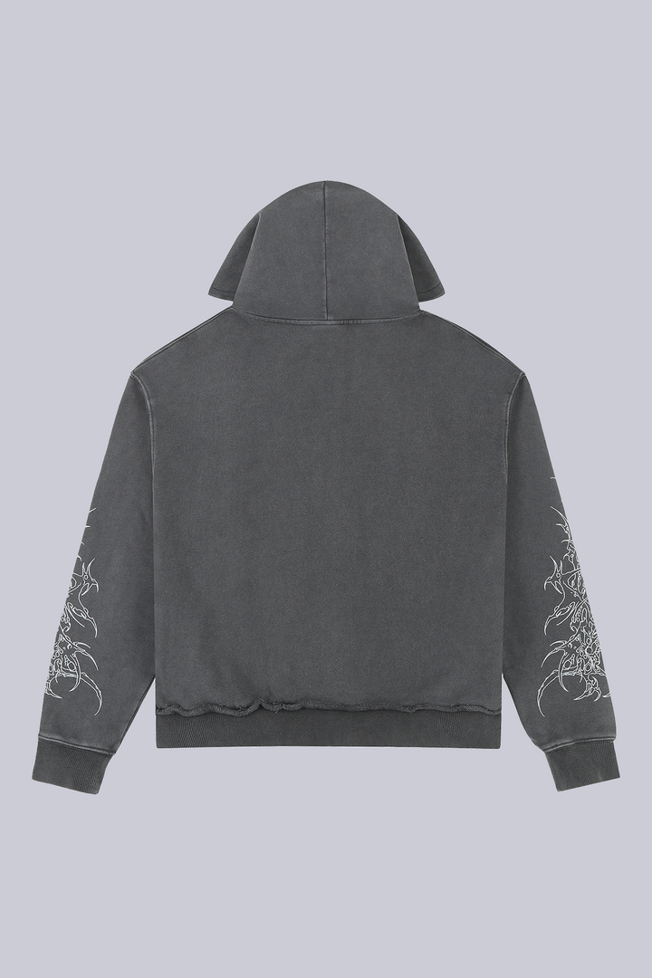 Unisex black graphic zip-up hoodie with cathedral print
