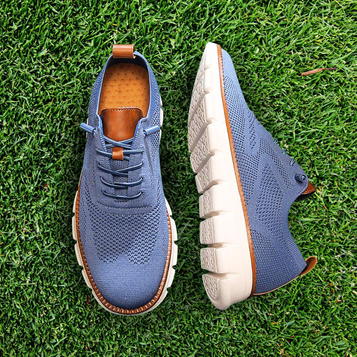 Men's low-top knit lace-up sneakers with round toes and segmented soles