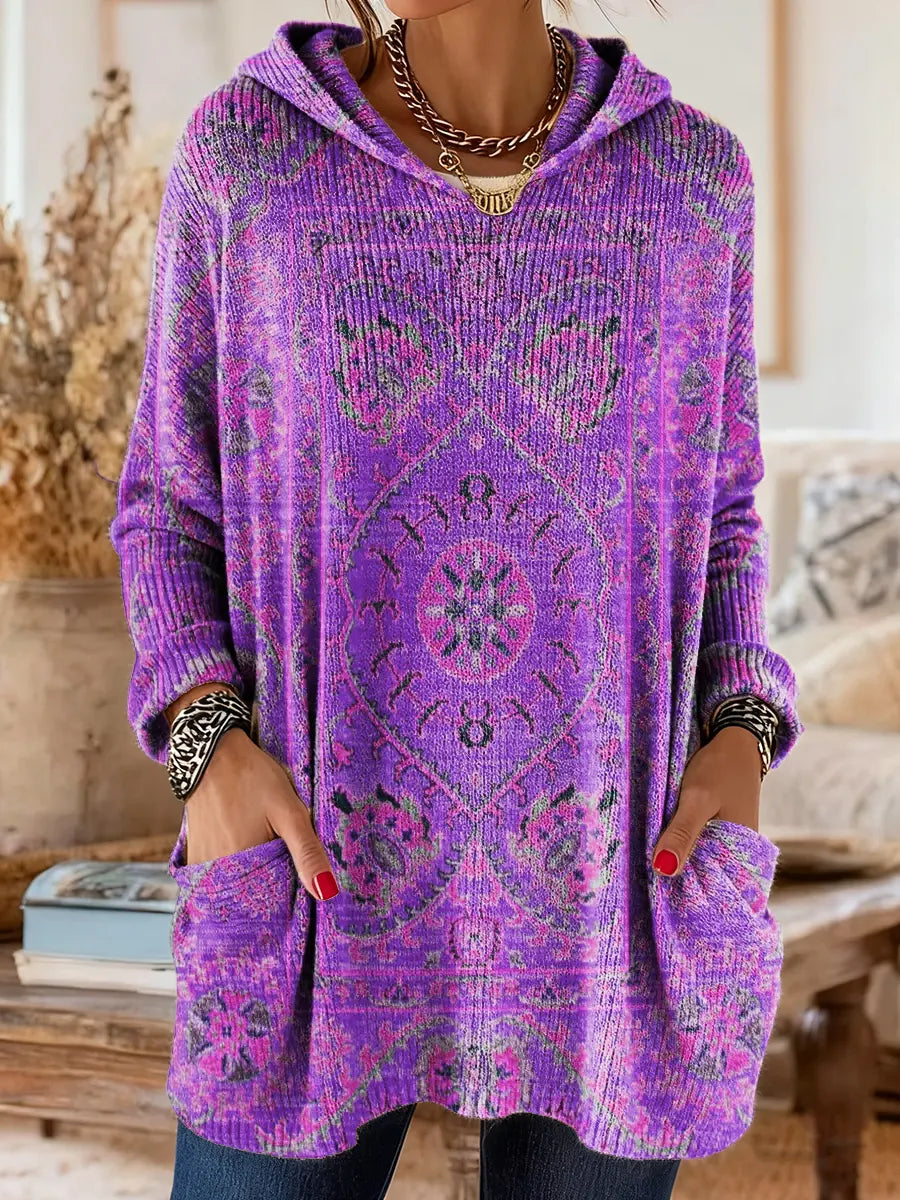 Women's multicolour ethnic print hooded knit tunic
