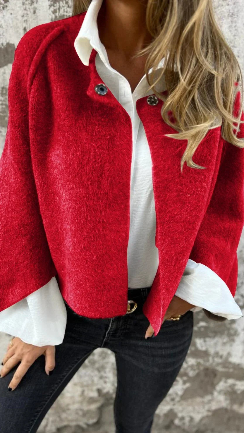 Women's textured hip-length coat with long sleeves and button front