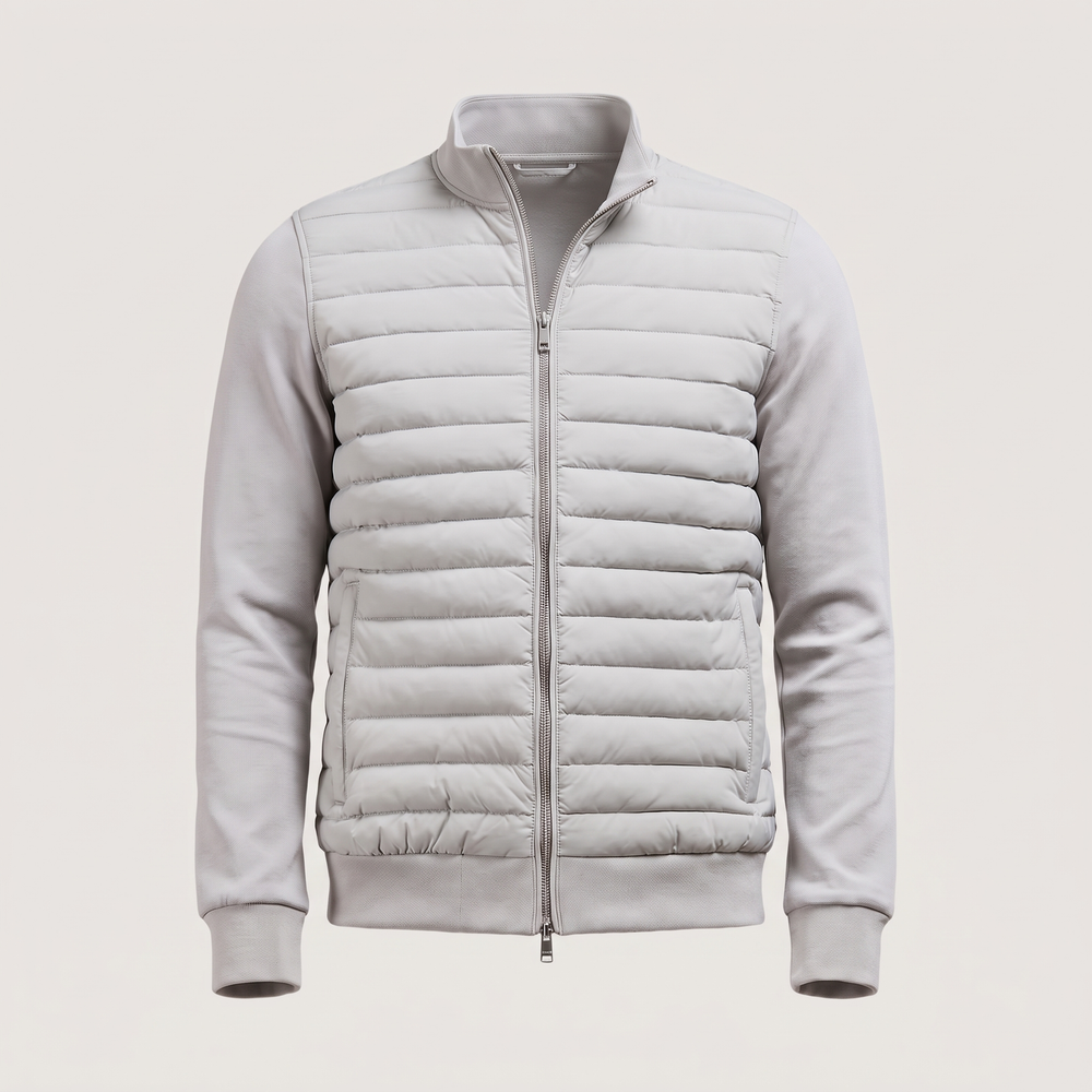Men's hybrid puffer jacket with quilted front, stand collar and full zip
