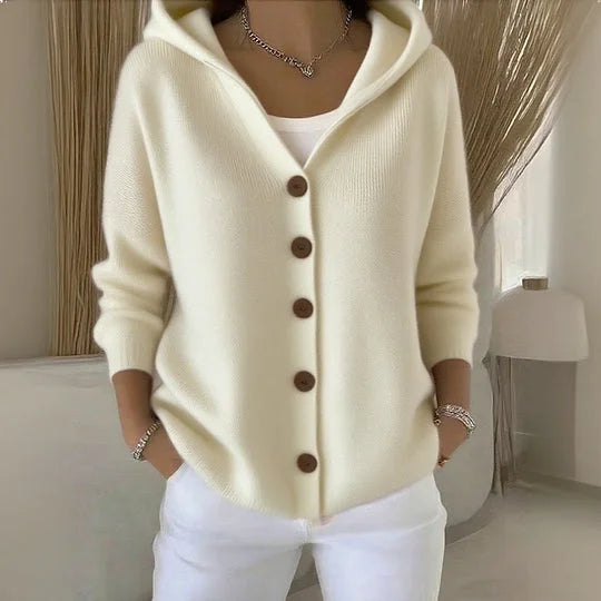 Women's hooded knit cardigan with button front, long sleeves and pockets