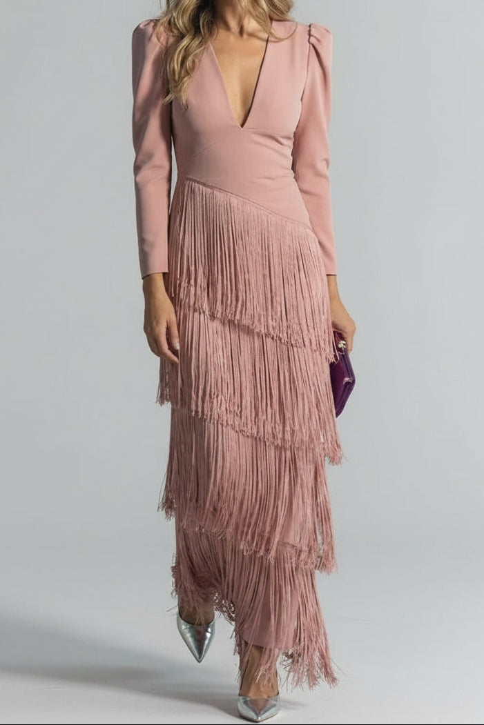 Women's long-sleeve maxi dress with deep V-neck and layered fringe skirt