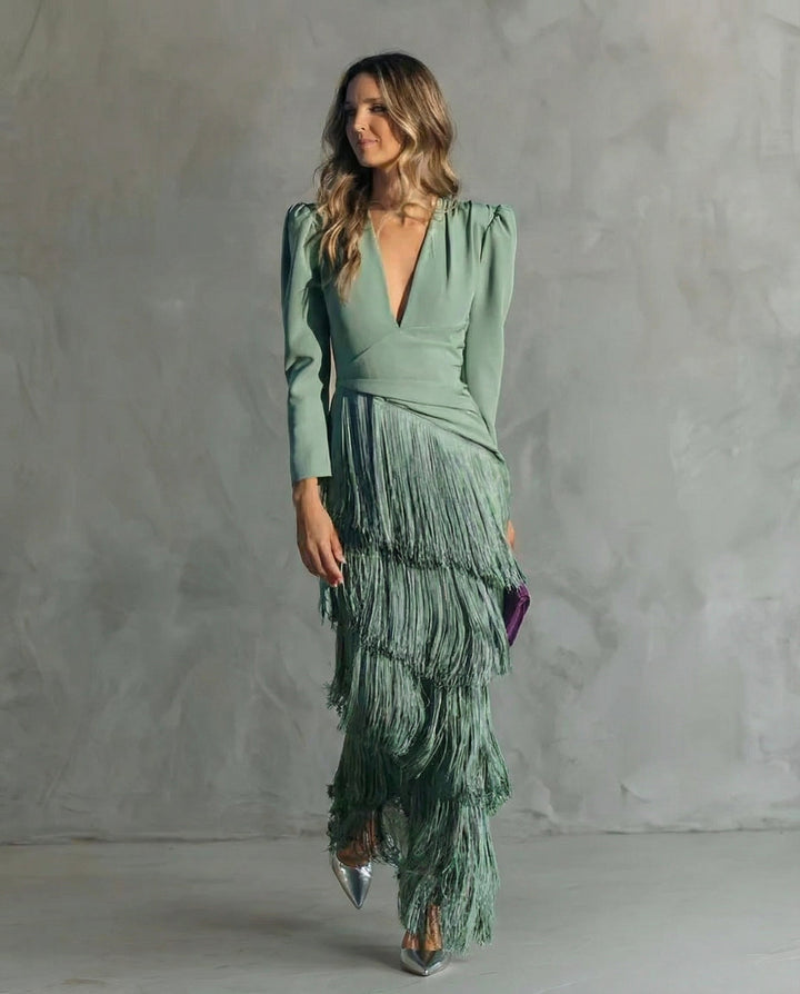 Women's long-sleeve maxi dress with deep V-neck and layered fringe skirt