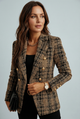 Women's beige plaid double-breasted blazer with gold-tone buttons