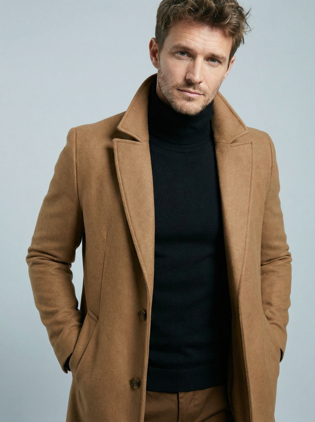 Men's structured long formal coat with notched lapels, button front and welt pockets