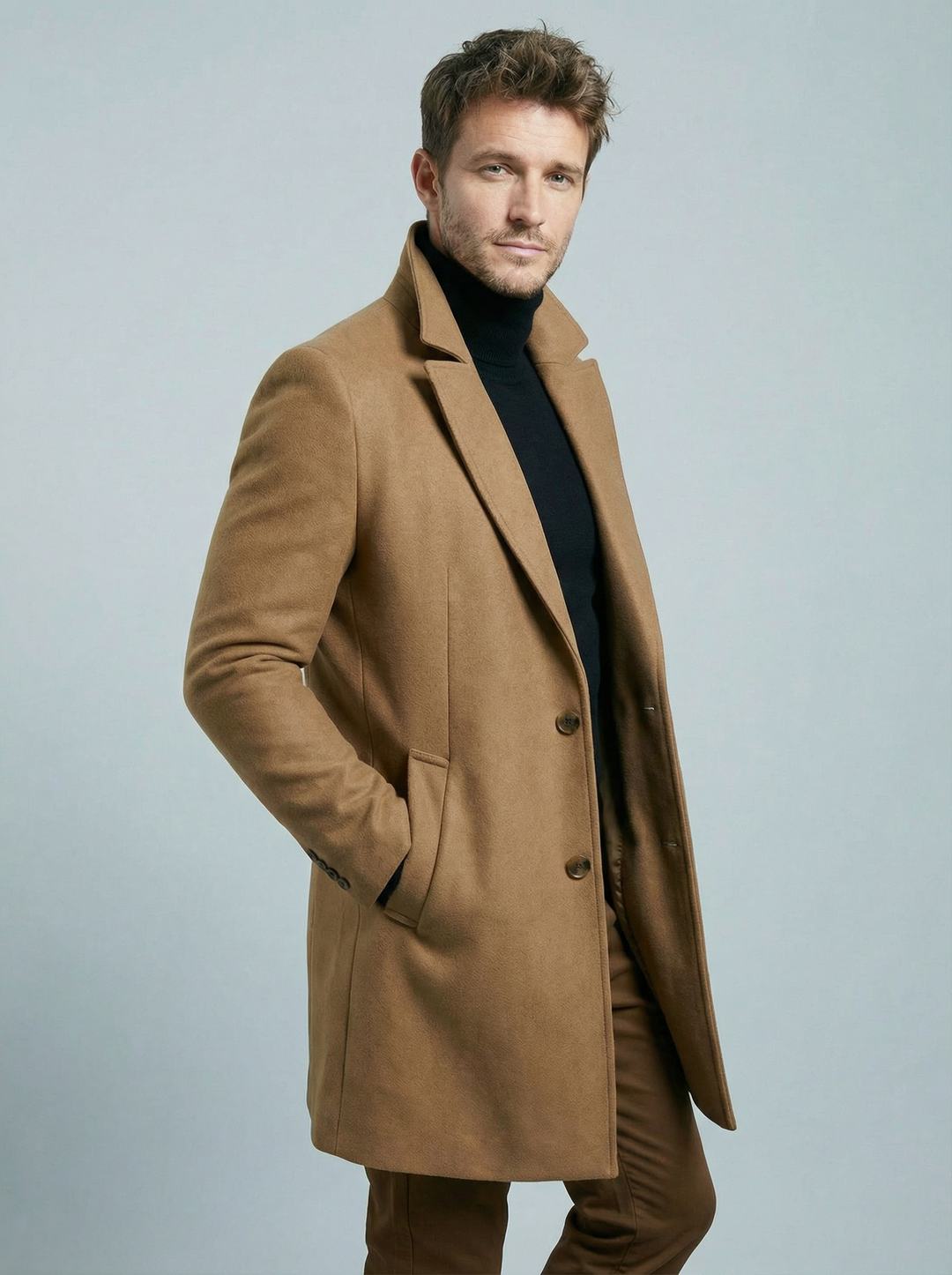 Men's structured long formal coat with notched lapels, button front and welt pockets