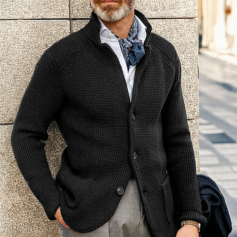 Men's textured knit cardigan with stand collar, buttons and long sleeves