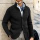 Men's textured knit cardigan with stand collar, buttons and long sleeves
