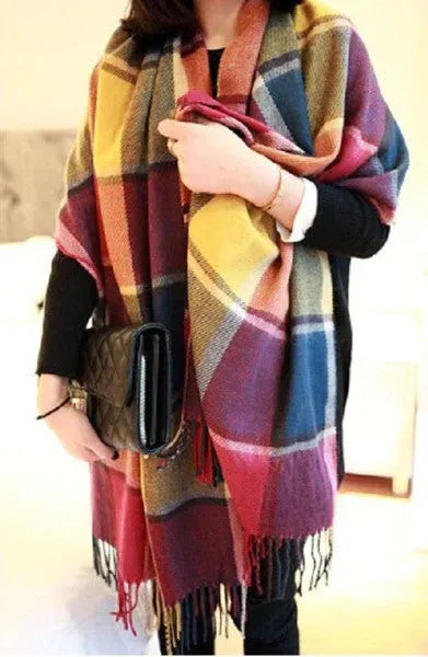 Oversized fringed scarf shown draped around the neck in checked and plain variations