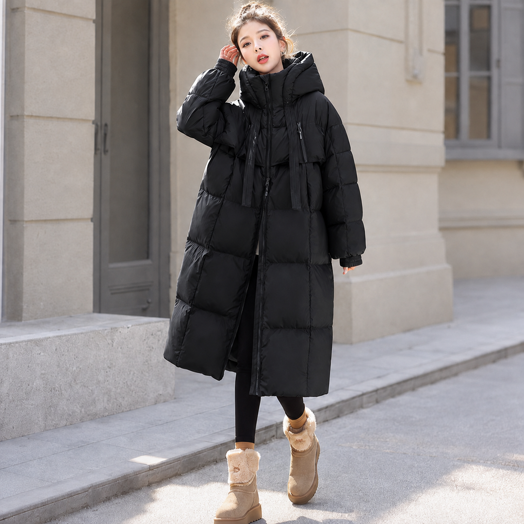 Women's long quilted hooded parka jacket with zip front