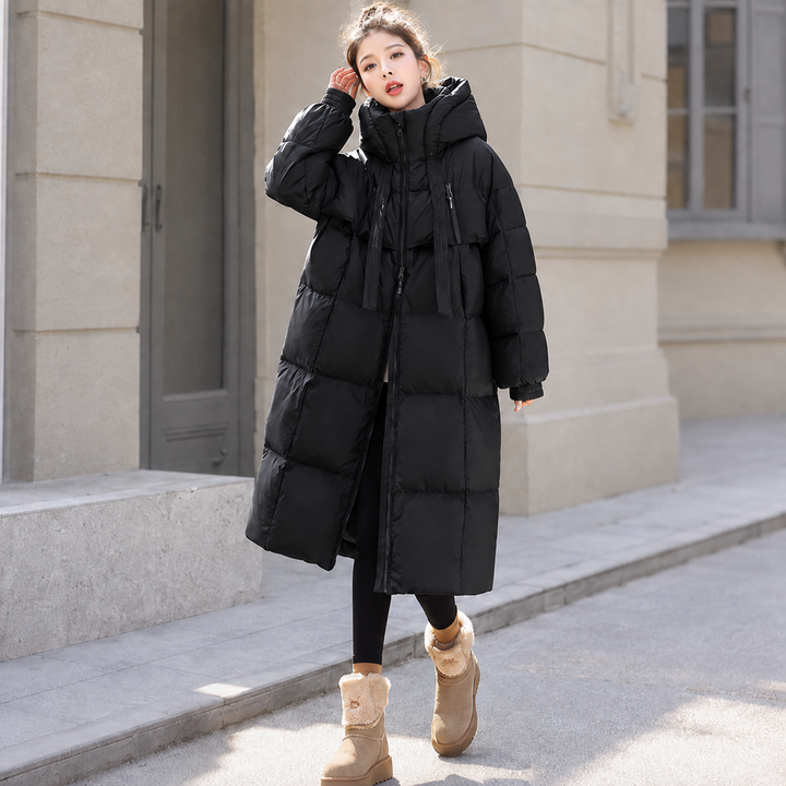 Women's long quilted hooded parka jacket with zip front