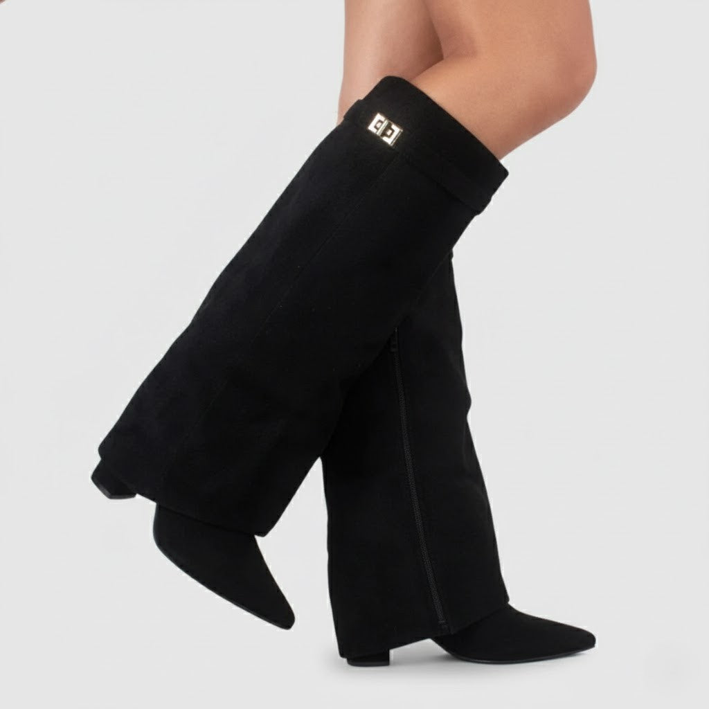 Women's black faux leather over-the-knee boots with buckle detail