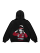 Black hooded sweatshirt with red racing helmet graphics and front pouch pocket
