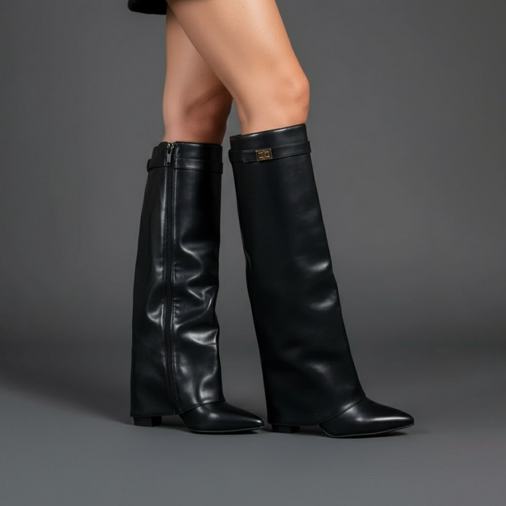 Women's black faux leather over-the-knee boots with buckle detail