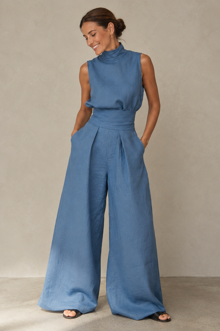 Women's wide-leg jumpsuit with sleeveless turtleneck and cinched waist