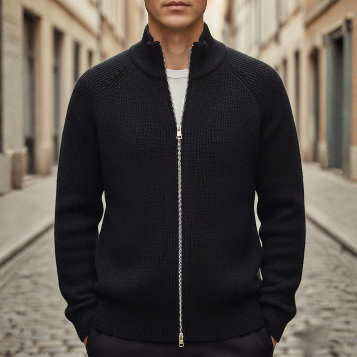 Men's ribbed knit zip cardigan with mock neck and long sleeves