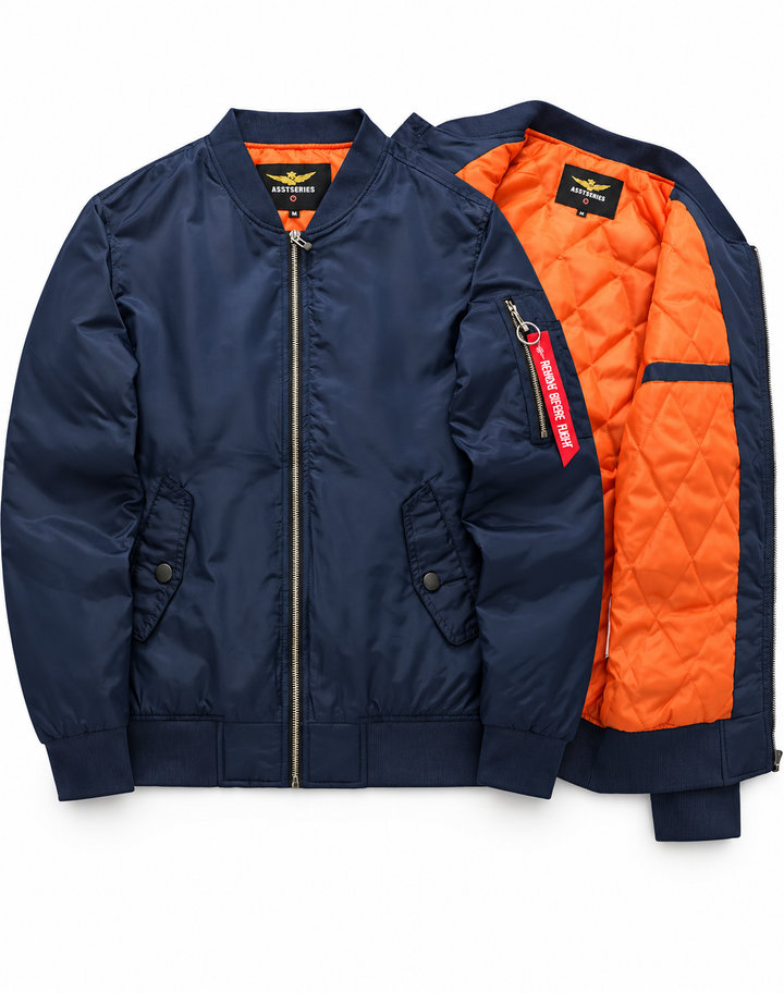 Men's quilted bomber jacket with stand collar, long sleeves and zip pockets