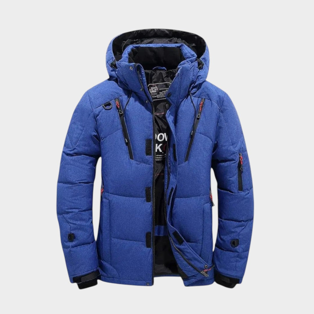 Men's hooded quilted winter jacket with zip front and multiple pockets