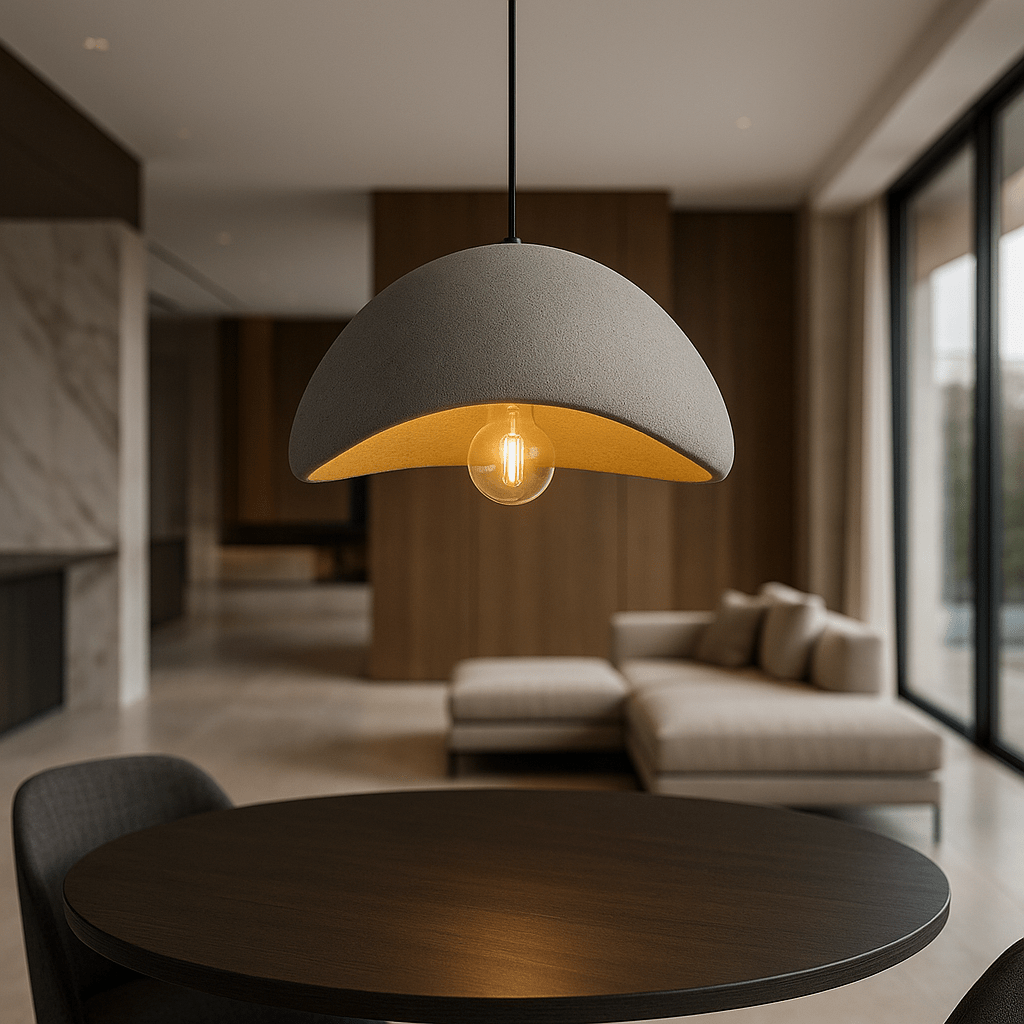 Dome pendant light with warm gold-toned interior and visible bulb