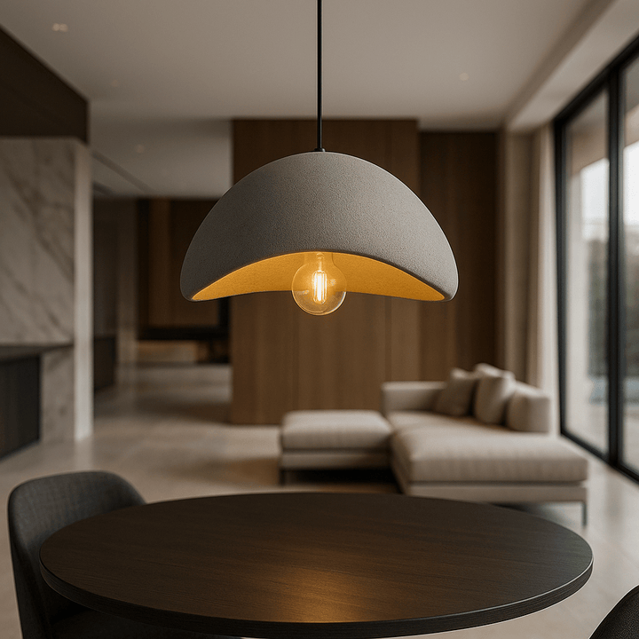 Dome pendant light with warm gold-toned interior and visible bulb
