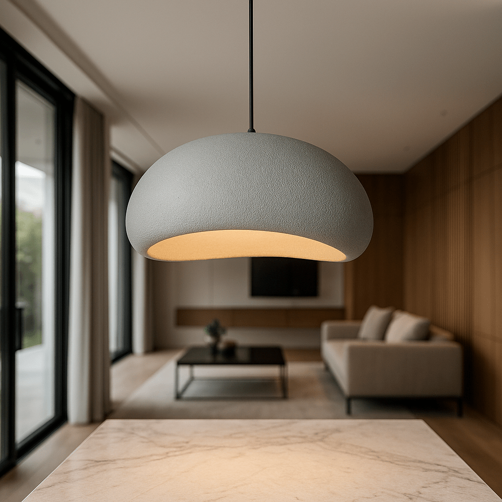 Dome pendant light with warm gold-toned interior and visible bulb