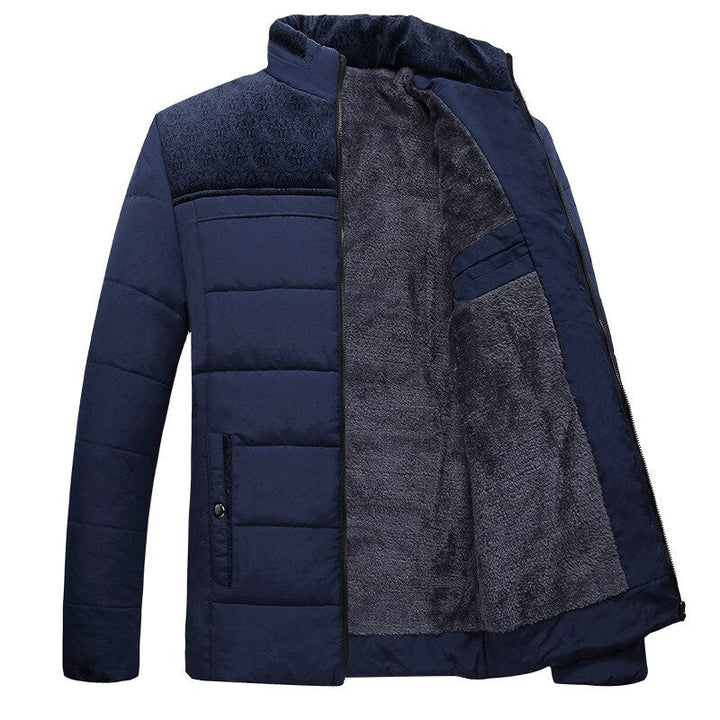 Men's hip-length quilted puffer jacket with high collar and textured lining