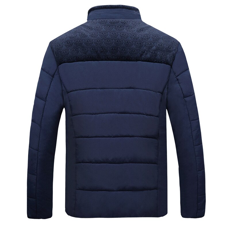 Men's hip-length quilted puffer jacket with high collar and textured lining