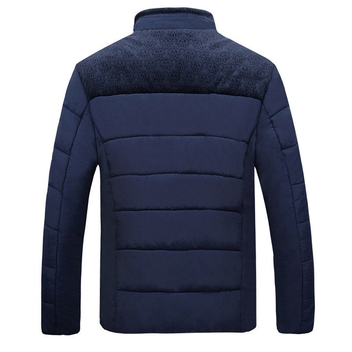 Men's hip-length quilted puffer jacket with high collar and textured lining