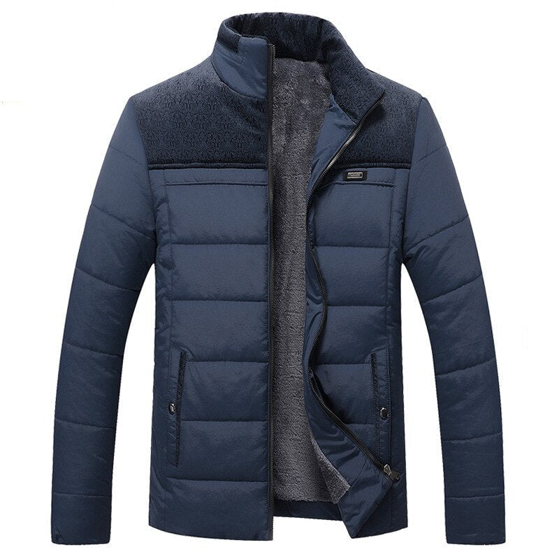Men's hip-length quilted puffer jacket with high collar and textured lining