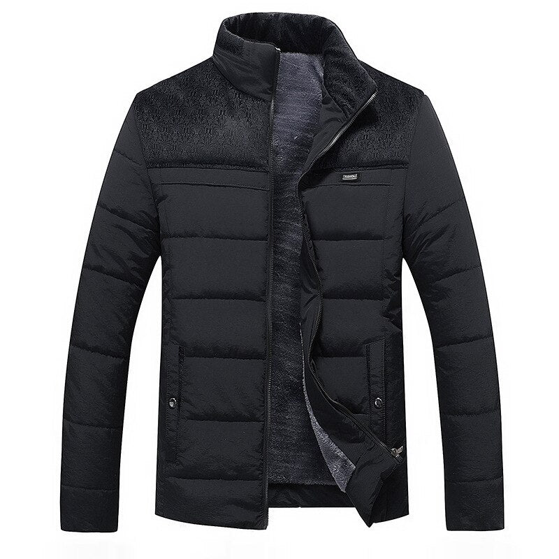 Men's hip-length quilted puffer jacket with high collar and textured lining