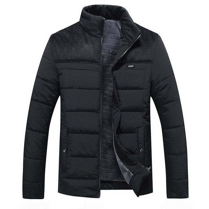 Men's hip-length quilted puffer jacket with high collar and textured lining