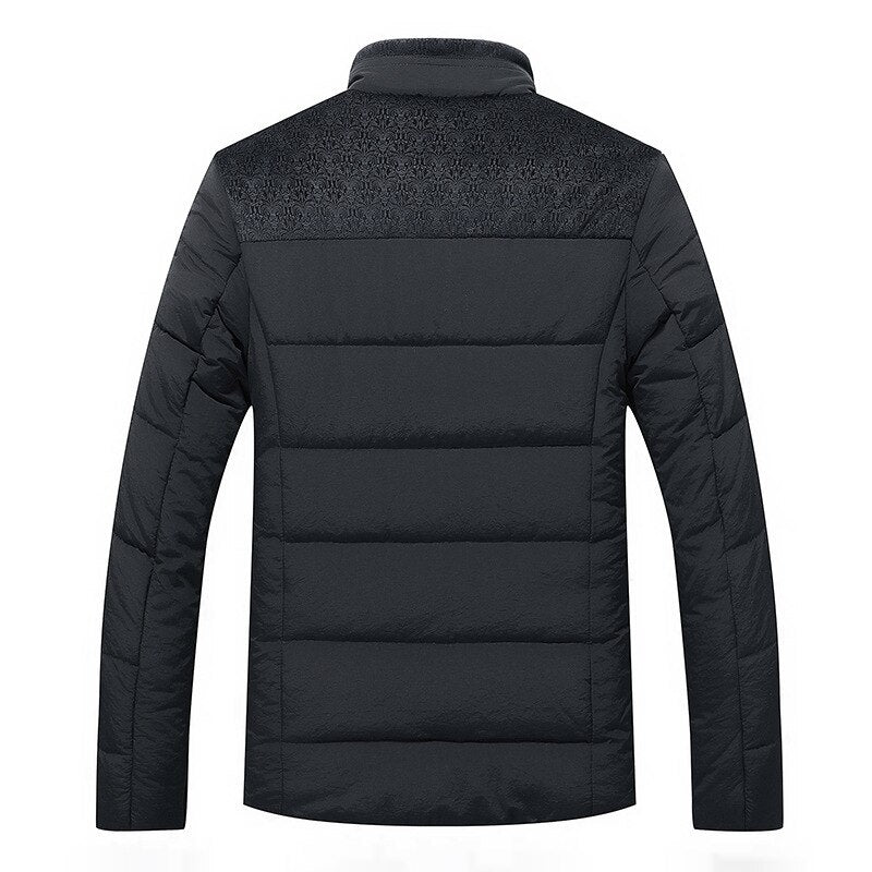 Men's hip-length quilted puffer jacket with high collar and textured lining