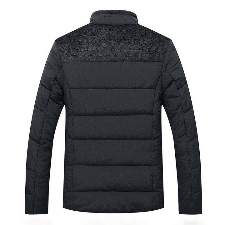 Men's hip-length quilted puffer jacket with high collar and textured lining