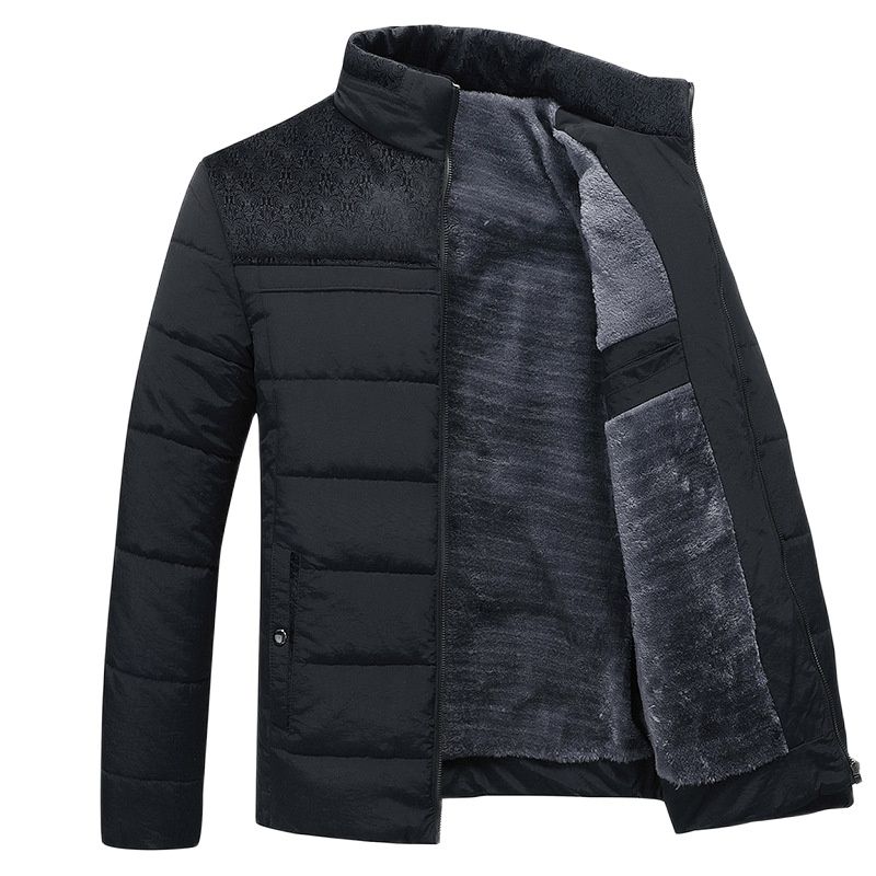 Men's hip-length quilted puffer jacket with high collar and textured lining