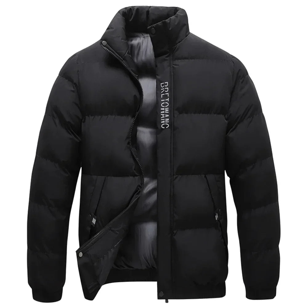 Men's padded quilted jacket with stand collar, long sleeves and zipped pockets
