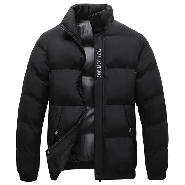 Men's padded quilted jacket with stand collar, long sleeves and zipped pockets