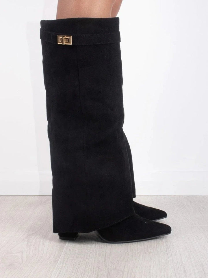 Women's over the knee boots with pointed toes, low block heels, side zippers and metallic upper trim