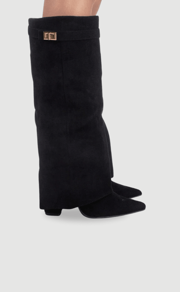 Women's over the knee boots with pointed toes, low block heels, side zippers and metallic upper trim