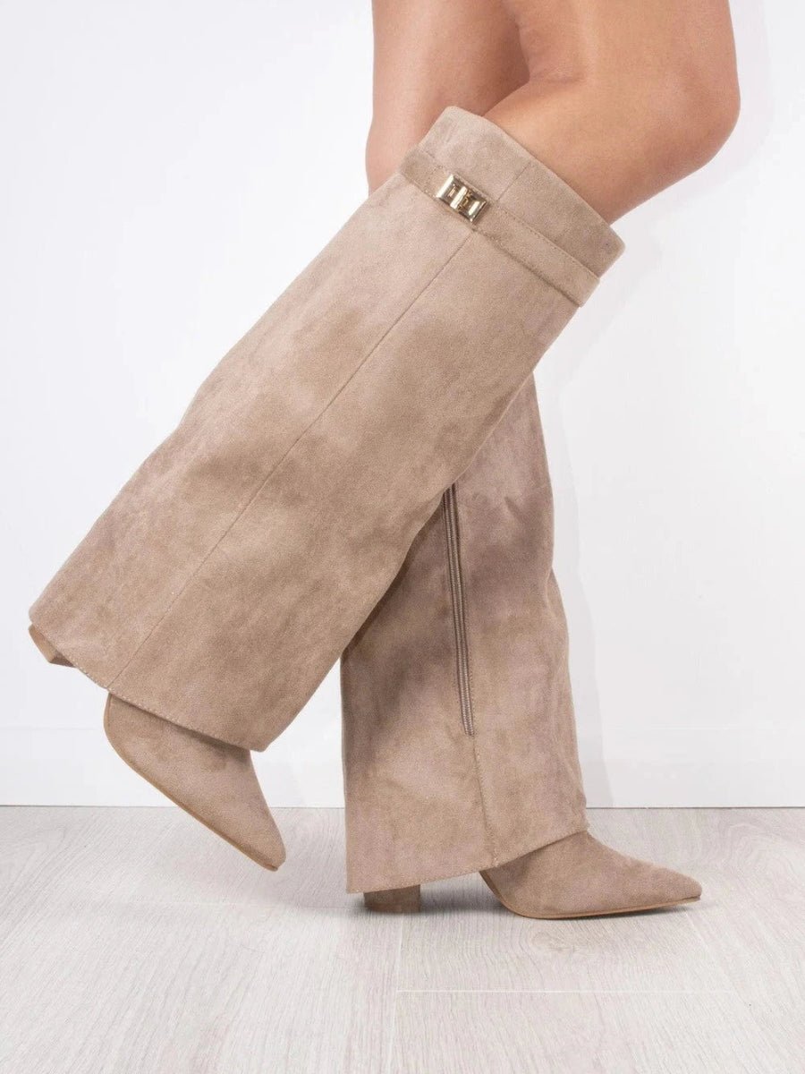 Women's over the knee boots with pointed toes, low block heels, side zippers and metallic upper trim