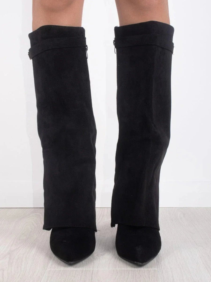 Women's over the knee boots with pointed toes, low block heels, side zippers and metallic upper trim