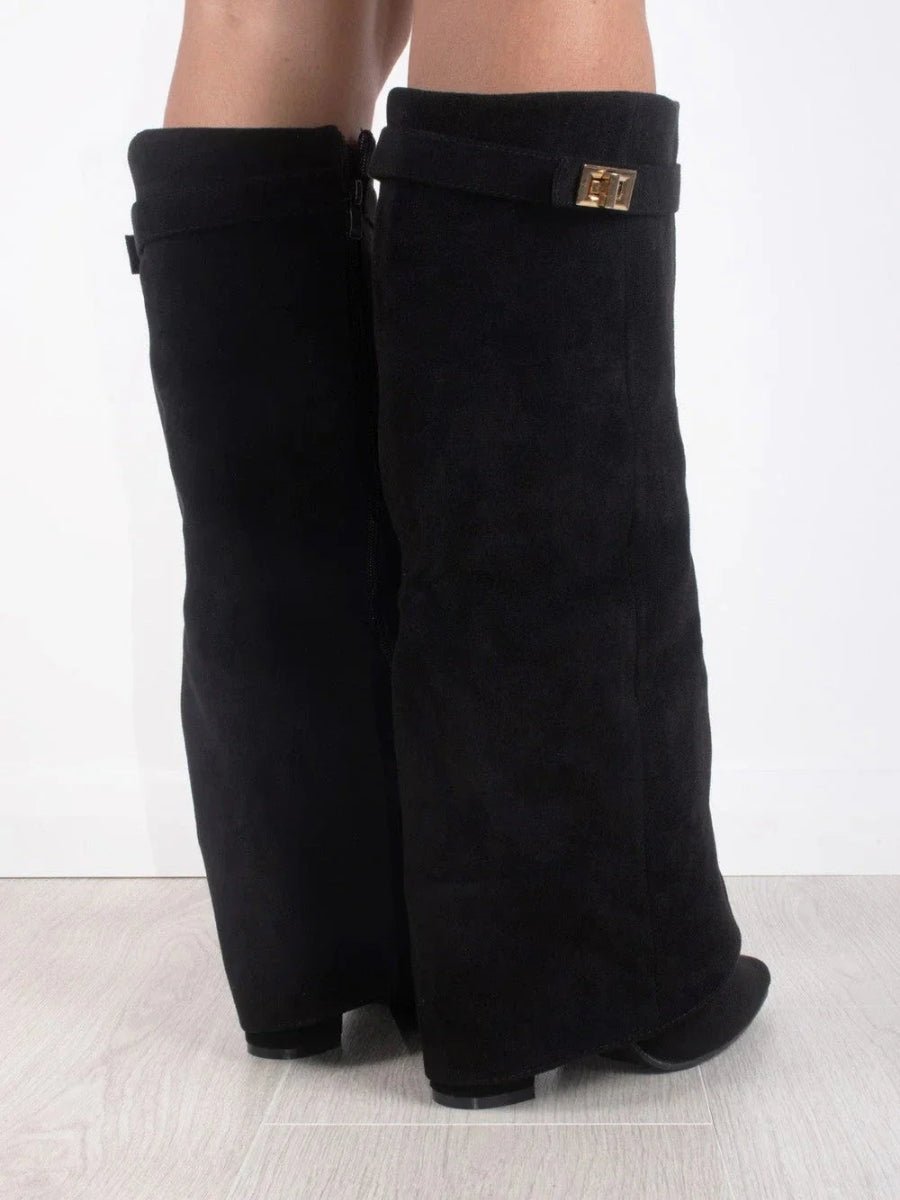 Women's over the knee boots with pointed toes, low block heels, side zippers and metallic upper trim