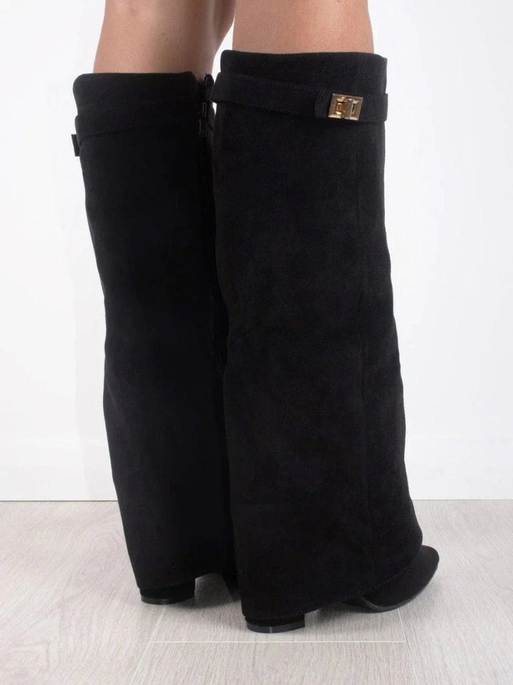 Women's over the knee boots with pointed toes, low block heels, side zippers and metallic upper trim